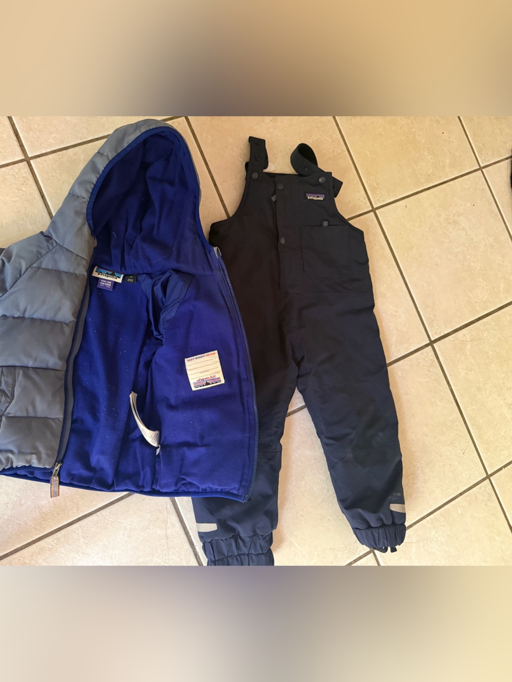 Patagonia Kids Navy Bib Snow Pants with Light Blue Puffer Jacket